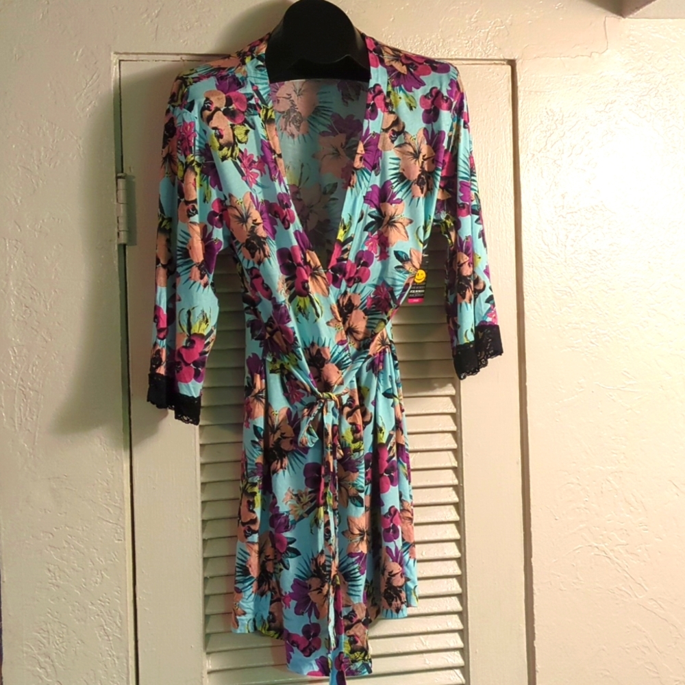 M Joe Boxer Floral Lace Hem Belted Light Short Bathrobe Cotton/Modal NWT - Picture 1 of 6